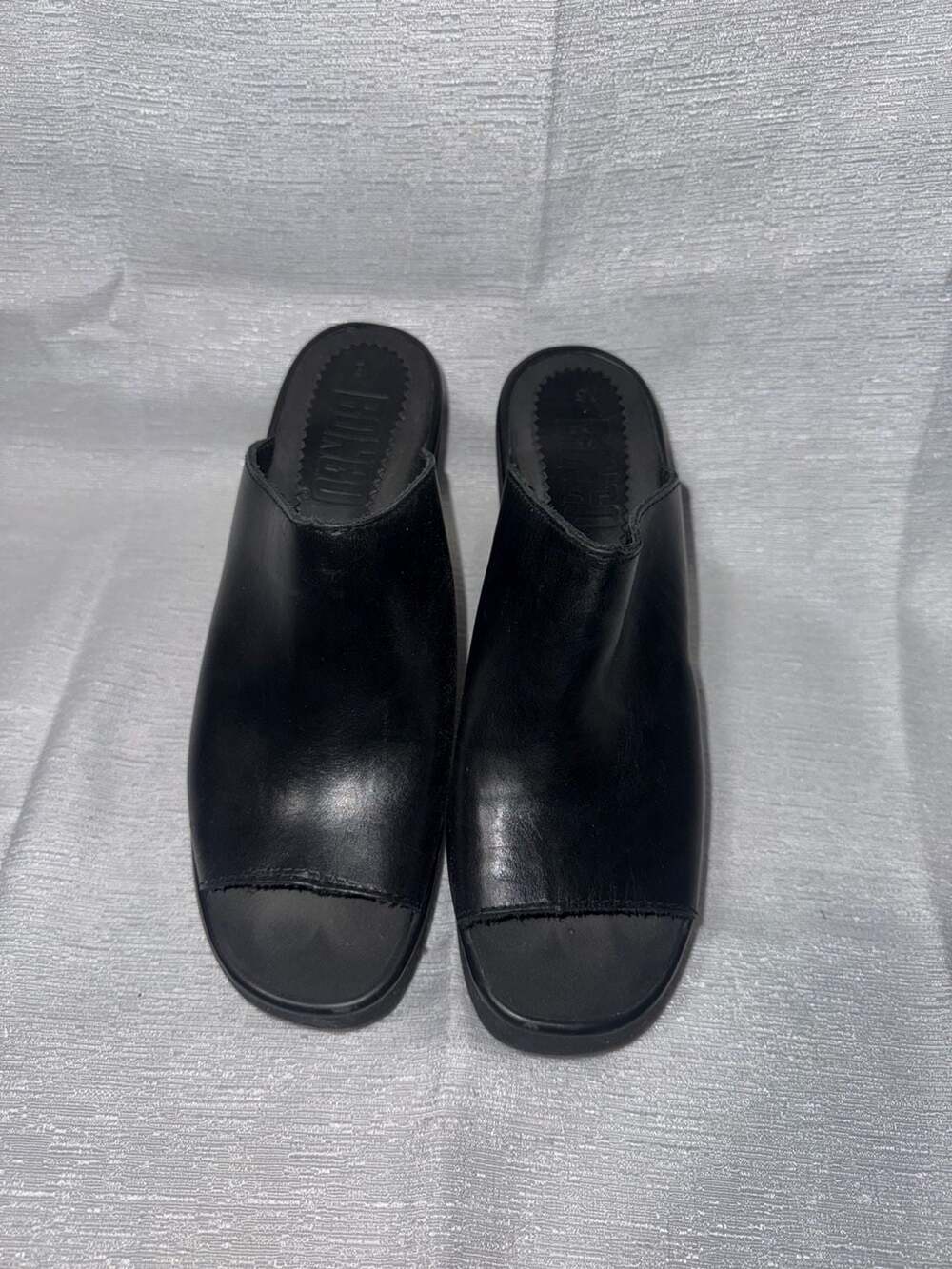 Vintage Bongo Black Leather Open-Toe Platform Wedge Mule Sandals